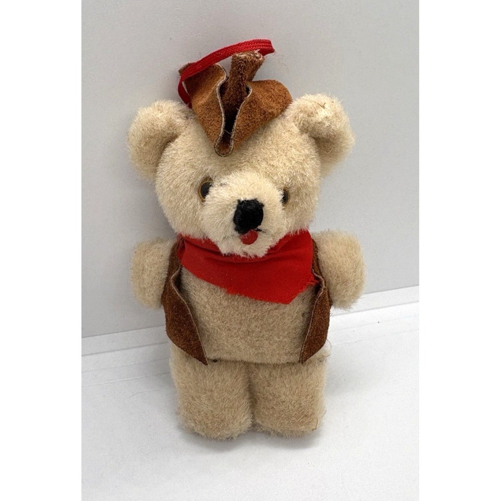 Vintage Cowboy Teddy Bear Ornament Felt Hat & Vest Red Bandana, 5" Plush Western